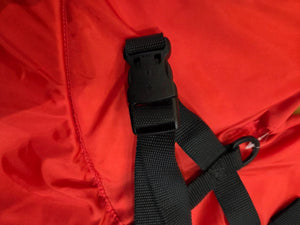 Trekk Marine Dog Canine Flotation Support Jacket Devices in Red Close Up View Buckles and Leash Ring and Webbing | ScoutTech Outfitters