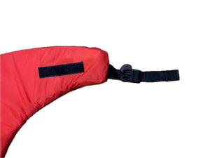 Trekk Marine Dog Canine Flotation Support Jacket Devices in Red Close Up View of Buckle and Hook and Loop Fasteners | ScoutTech 