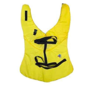 Trekk Marine Dog Canine Flotation Support Jacket Devices in Yellow Laying Flat Showing Logo and Hook and Loop and Adjustable Straps | ScoutTech Outfitters Mississauga Store