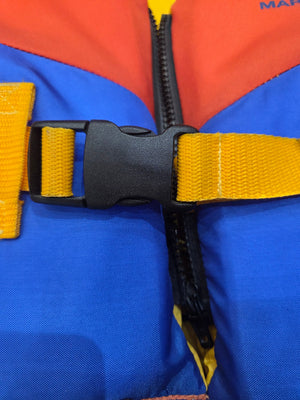 Trekk Marine Toddler Life Jackets in Orange Yellow and Blue Zipper and Buckle Close Up View | ScoutTech Outfitters
