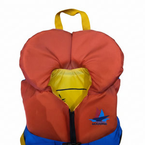 Trekk Marine Toddler Life Jackets in Orange Yellow and Blue Zipper and Buckle Close Up View | ScoutTech Outfitters