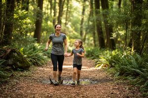 Mother and daughter wearing Vibram FiveFingers Women's KSO Running Shoes running through a muddy forest path