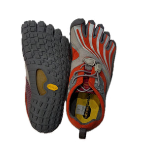 Vibram Fivefingers Women's Bikila Slip-On Barefoot Shoes W356 Pair Top and Bottom View in Red and Grey | ScoutTech Outfitters