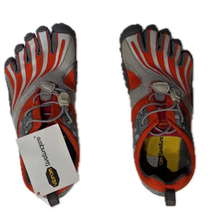 Vibram Fivefingers Women's Bikila Slip-On Barefoot Shoes W356 Pair Top View in Red and Grey with Retail Tag | ScoutTech Outfitters