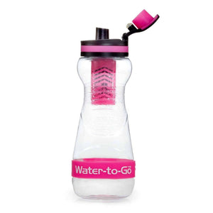 WatertoGo 50cL Water Purification Filter Bottle Removes Contaminants by 99.9% Clear Bottle with Pink Filter and Lid in Open Position | ScoutTech