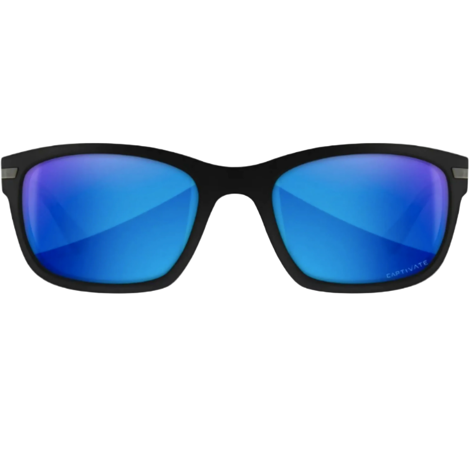 Wiley X WX Helix Sunglasses Captivate Polarized Blue Mirror Lenses and Matte Black Frame View from front showing Captivate call out on bottom of right lens | ScoutTech Outfitters Mississauga Store