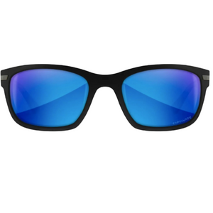 Wiley X WX Helix Sunglasses Captivate Polarized Blue Mirror Lenses and Matte Black Frame View from front showing Captivate call out on bottom of right lens | ScoutTech Outfitters Mississauga Store