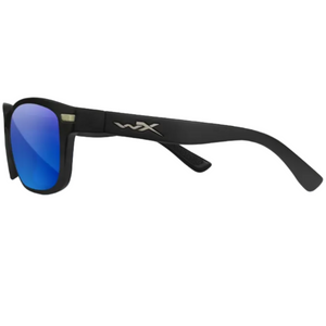 Wiley X WX Helix Sunglasses Captivate Polarized Blue Mirror Lenses and Matte Black Frame Left Side View WX Logo Close Up and View Of Rubber Grip | ScoutTech Outfitters