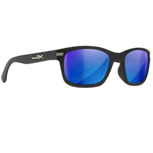 Wiley X WX Helix Sunglasses Captivate Polarized Blue Mirror Lenses and Matte Black Frame Right Side View with Logo Close UP | ScoutTech Outfitters
