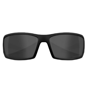 Wiley X WX Twisted Sunglasses Alternative Fit with Captivate Polarized Grey Lenses and Black Frames Front View with Captivate written on bottom of right lens | ScoutTech Outfitters Mississauga Store