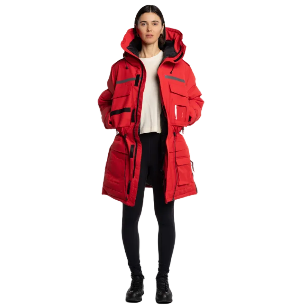 Wuxly Sabertooth II Unisex Vegan Expedition Parka in Red on Female Model | ScoutTech Mississauga