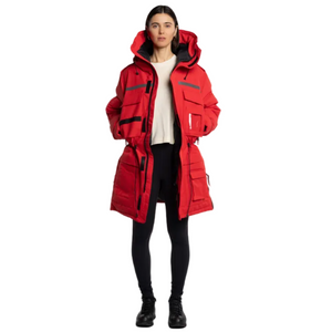 Wuxly Sabertooth II Unisex Vegan Expedition Parka in Red on Female Model | ScoutTech Mississauga