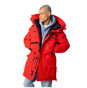 Wuxly Sabertooth II Unisex Vegan Expedition Parka in Red on Model Front Casual View | ScoutTech Mississauga
