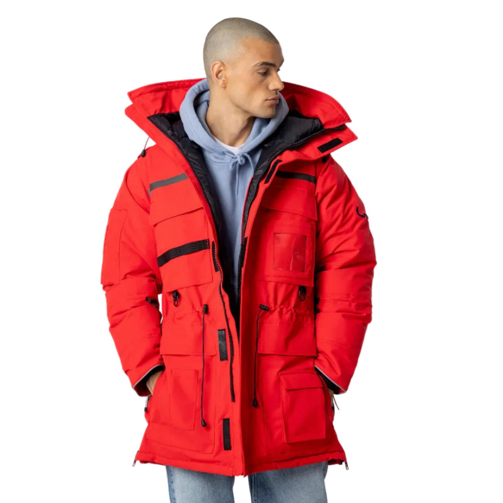 Wuxly Sabertooth II Unisex Vegan Expedition Parka in Red on Model Front Partially Zipped Casual View  - ScoutTech Outfitters