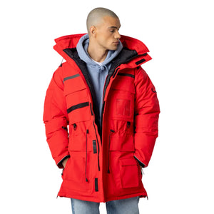 Wuxly Sabertooth II Unisex Vegan Expedition Parka in Red on Model Front Partially Zipped Casual View  - ScoutTech Outfitters