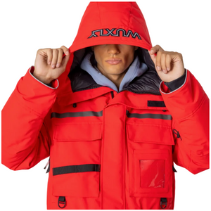 Wuxly Sabertooth II Unisex Vegan Expedition Parka in Red on Model Hood Logo View | ScoutTech Outfitters