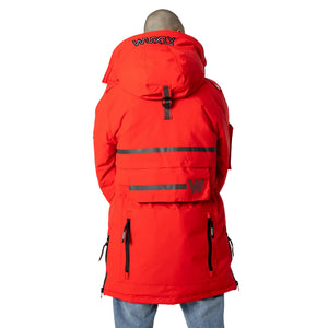 Wuxly Sabertooth II Gender Free Vegan Expedition Parka in Red on Model Back View - ScoutTech Outfitters
