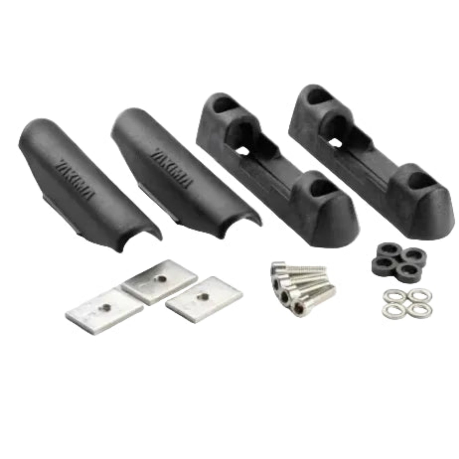 Yakima Landing Pad 4 Kit in Black with contents spread out showing 1 stainless steel place accessory is missing | ScoutTech Outfitters