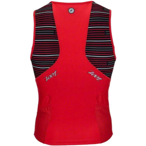 Zoot Sports Men's Performance Tri Full-Zip Tank Top In Red with Striped Accents Back View | ScoutTech Outfitters 