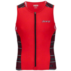 Zoot Sports Men's Performance Tri Full-Zip Tank Top In Red with Striped Accents Front View | ScoutTech Outfitters Mississauga Store