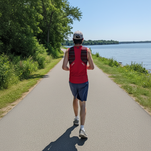 A man is seen from behind running on a paved path next to a lake, wearing a red sleeveless Zoot Sports Men's Performance Tri Full-Zip Tank Top athletic vest, blue shorts, and a light-colored baseball cap. | ScoutTech Outfitters