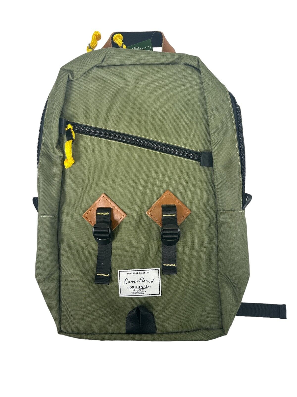 A green backpack with brown straps and zippers, featuring a label with 'EUROPE BOUND' text.