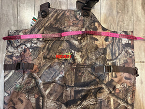 Bushline Outdoor Insulated Camo Chest Waders in Mossy Oak Print Sample Chest Measurement Close Up with Pink Measure Tape | ScoutTech Outfitters