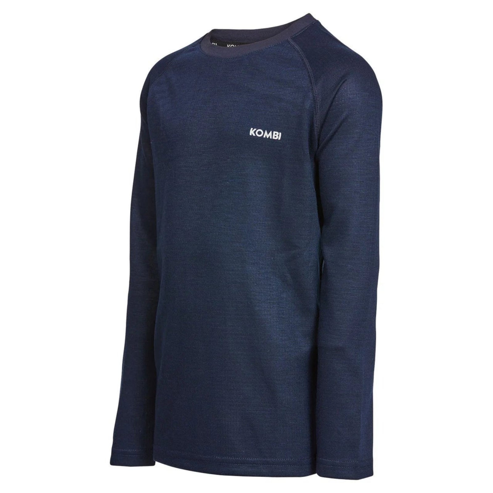 Kombi Merino Blend Crew Top Juniors Kids Long Sleeve Crew Neck Shirt in Navy Blue Solid with Reflective Kombi Logo on Front Left Chest | ScoutTech Outfitters