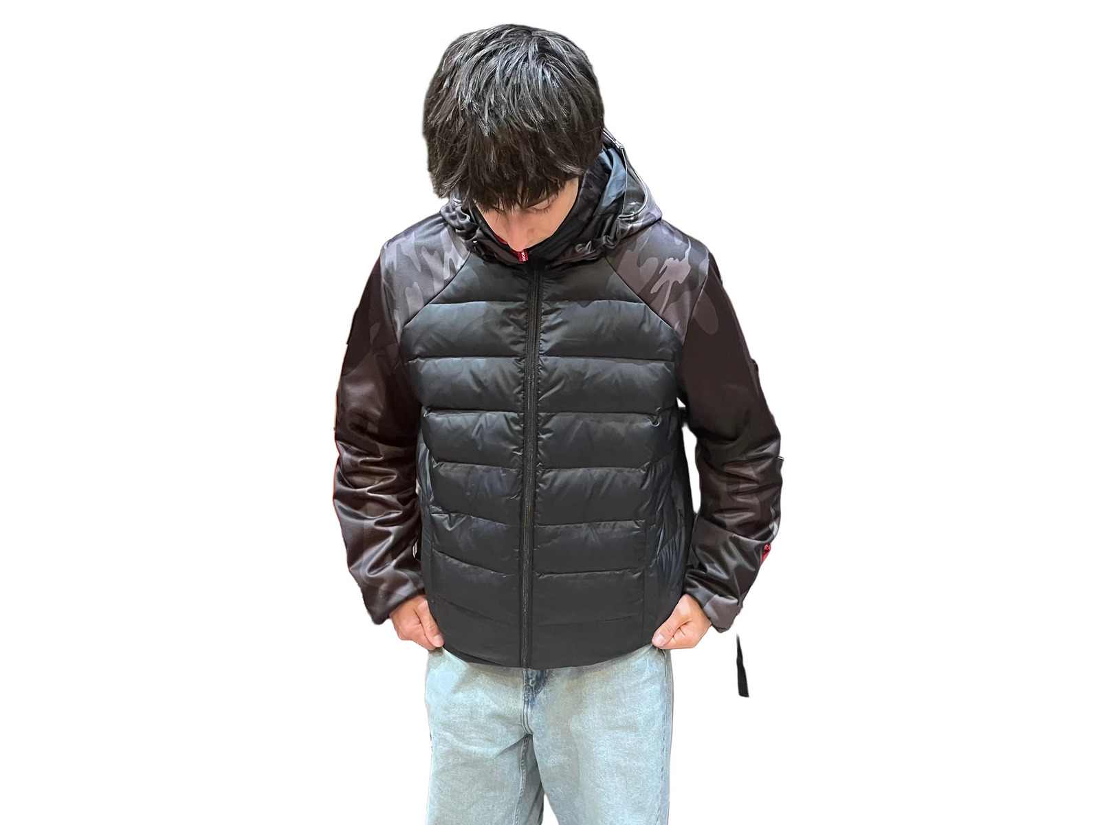 Young man wearing the Outdoor Survival Canada Kawartha Down Jacket while looking downward | ScoutTech Outfitters