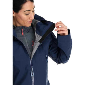 Rab Women's Kangri 3-Layer GORE-TEX Shell Jackets in Deep Ink Blue Close Up Front Upper | ScoutTech Outfitters