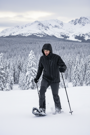 Salomon Men's Zero Insulated Ski Jackets in Black Action Photo on a Male Model Snowshoeing near a snow covered  pine forest and mountain range | ScoutTech Outfitters Mississauga Store