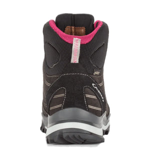 AKU Women's Alterra GTX Leather Waterproof Gore-Tex Hiking Boots in Dark Brown with Pink Laces View of Heel | ScoutTech Outfitters Mississauga Store