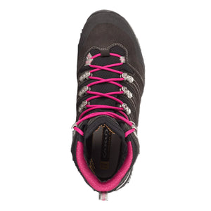 AKU Women's Alterra GTX Leather Waterproof Gore-Tex Hiking Boots in Dark Brown with Pink Laces Upper View | ScoutTech Outfitters Mississauga