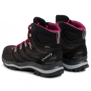 AKU Women's Alterra GTX Leather Waterproof Gore-Tex Hiking Boots in Dark Brown with Pink Laces View of Pair | ScoutTech Outfitters Mississauga Store
