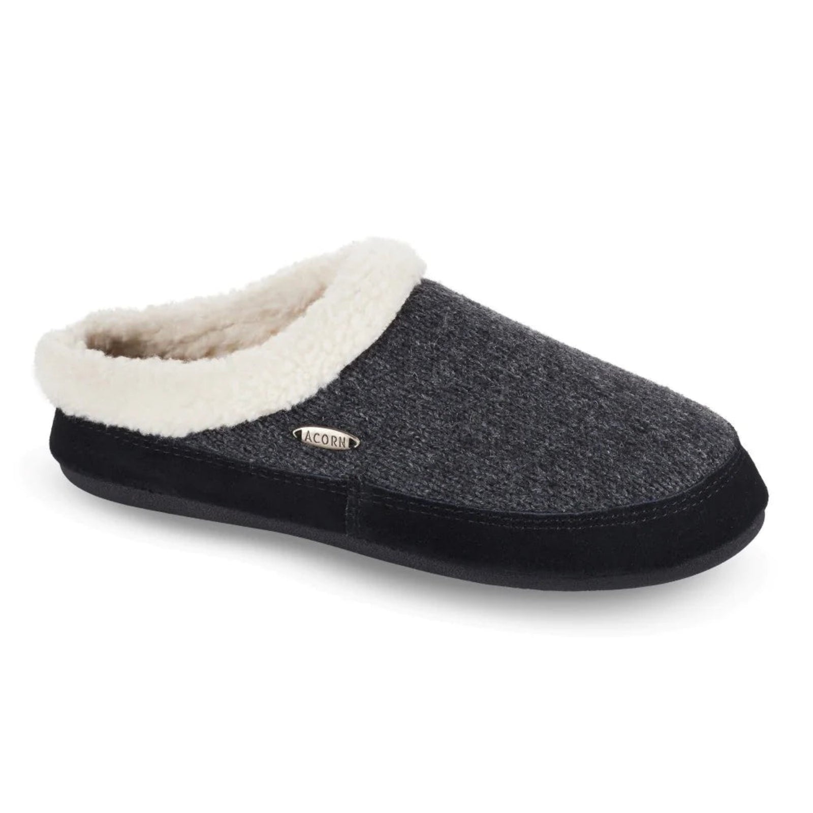 Acorn Women's Mule Ragg Wool Blend Slippers with White Berber Lining, Grey Upper and Black Sides and Sole | ScoutTech Outfitters
