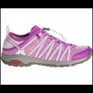Chaco Women's Outcross EVO Closed Toe Water Shoes in Violet and White Side View with Quick-lace and Heel Pull Tab | ScoutTech Outfitters