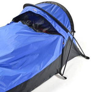 Chinook Summit Waterproof Breathable Bivy Bags Showing Mesh around face and Poles in Blue and Black | ScoutTech Outfitters Mississauga Store