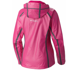 Columbia Women's Titanium Outdry Ex Gold Tech Rain Shell in Haute Pink showing a reflective logo on back and visible exterior taped seams | ScoutTech Outfitters Mississauga Store