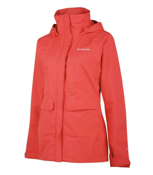 Columbia Women's Longer Miles Waterproof Breathable Rain Jackets in Coral Red Front View | ScoutTech Outfitters 