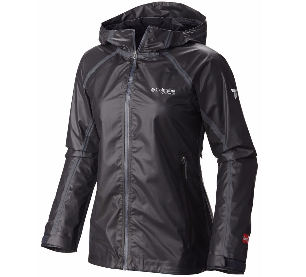 Columbia Women's Titanium Outdry Ex Gold Tech Rain Shell in Black showing logos, fasteners and waterproof front zipper | ScoutTech Outfitters Mississauga Store