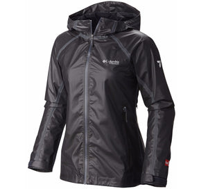 Columbia Women's Titanium Outdry Ex Gold Tech Rain Shell in Black showing logos, fasteners and waterproof front zipper | ScoutTech Outfitters Mississauga Store