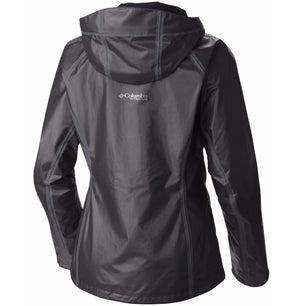 Columbia Women's Titanium Outdry Ex Gold Tech Rain Shell in Black showing a reflective logo on back and visible exterior taped seams | ScoutTech Outfitters Mississauga Store