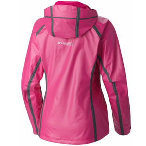 Columbia Women's Titanium Outdry Ex Gold Tech Rain Shell in Haute Pink showing a reflective logo on back and visible exterior taped seams | ScoutTech Outfitters Mississauga Store