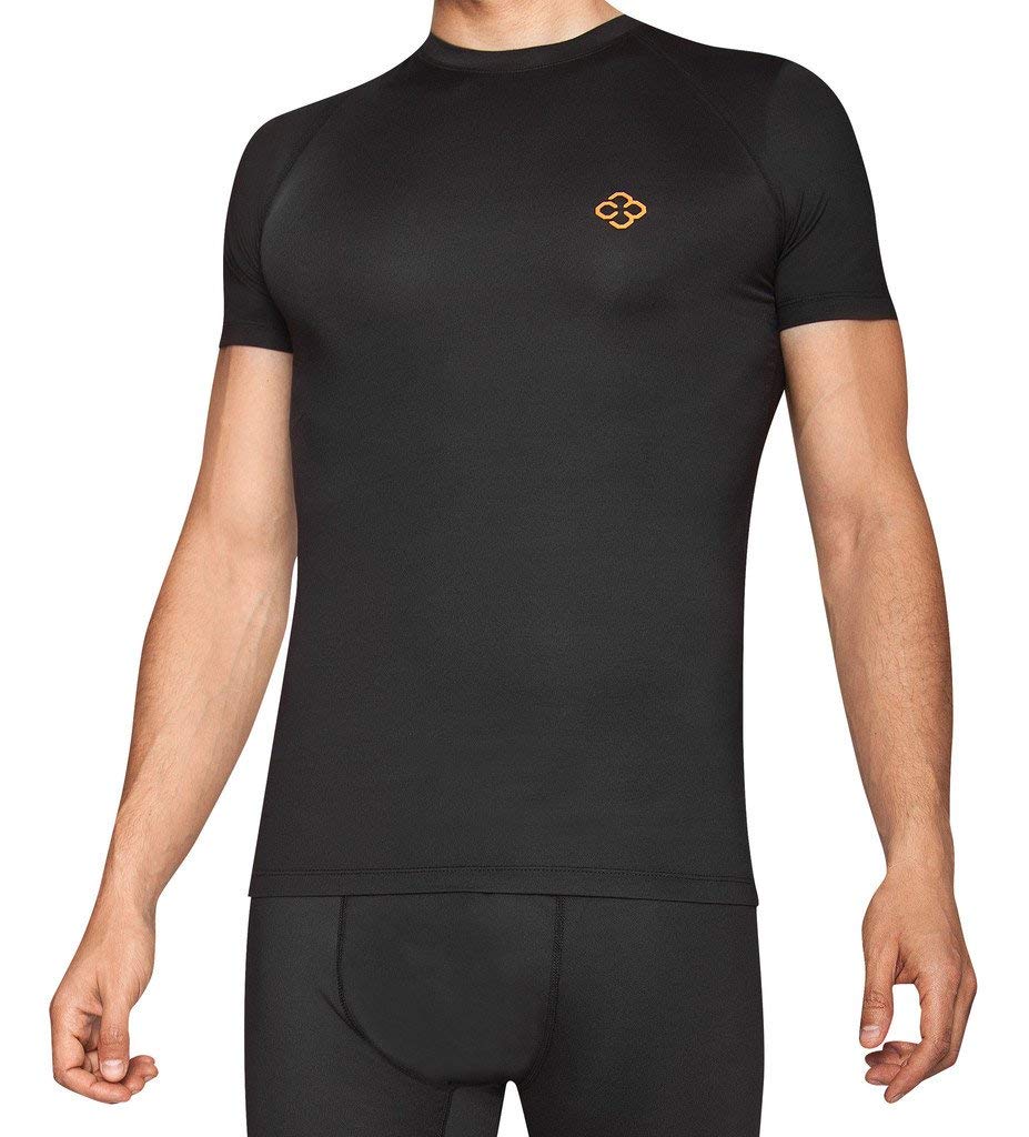 Copper 88 Men's Compression Short Sleeve Shirts in Black Front View with Orange Logo | ScoutTech Outfitters Mississauga Store