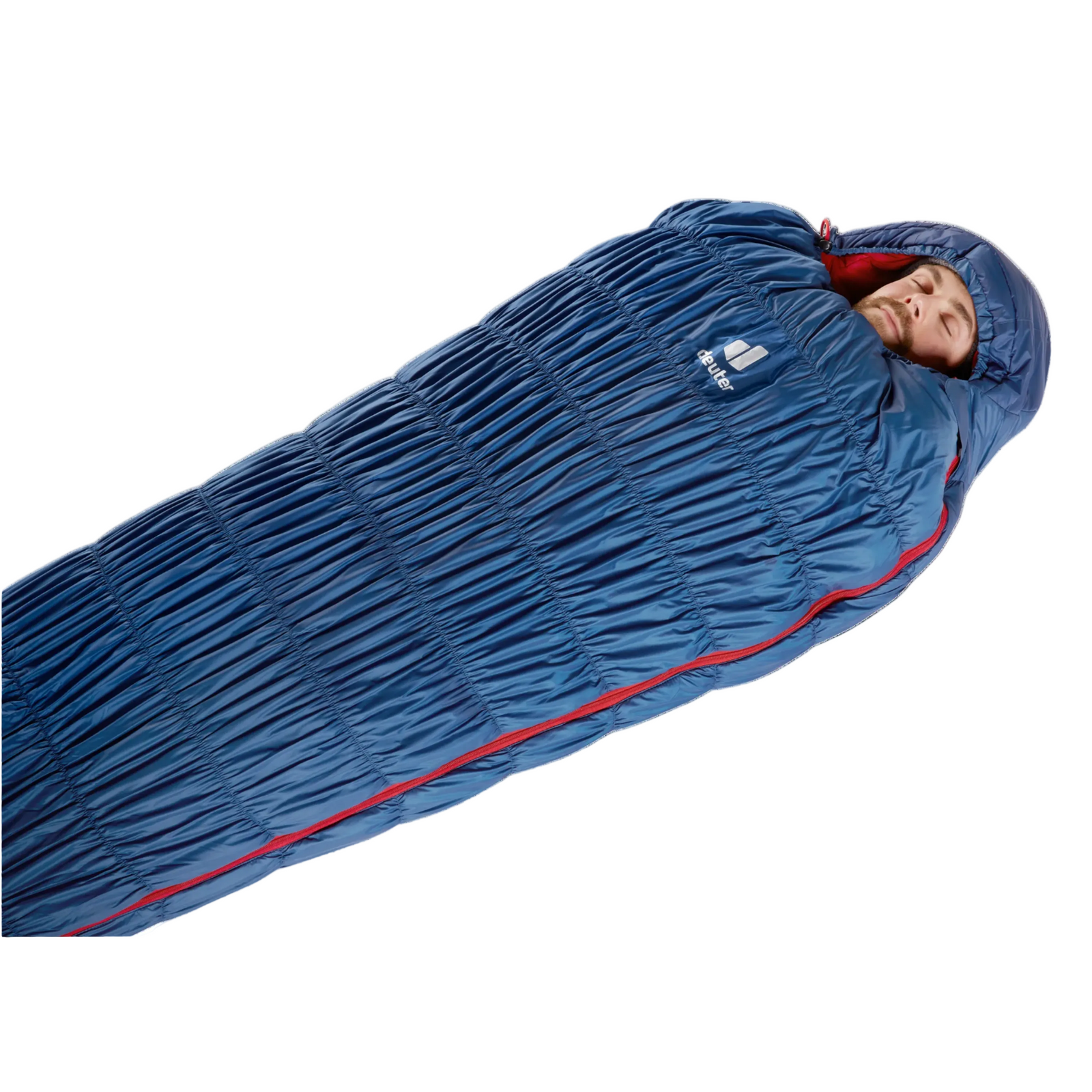 Deuter Unisex Exosphere Synthetic -10°C/14°F Long Length Sleeping Bag with Left Zip Male Model Bundled Inside | ScoutTech Outfitters Mississauga Store