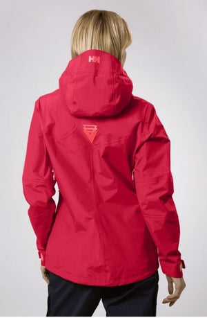 Helly Hansen Womens Odin Traverse Helly Tech Professional Rain Jackets in Pink on Model Rear View | ScoutTech Outfitters