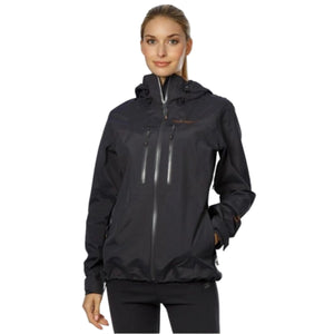 Helly Hansen Womens Odin Traverse Helly Tech Professional Rain Jackets in Black on Model Front View | ScoutTech Outfitters