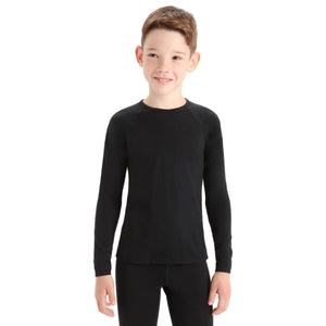 Icebreaker Merino Kids Oasis 200 Long Sleeve Crewe Thermal Top in Black for 6 to 14 years Front View on Model | ScoutTech Outfitters