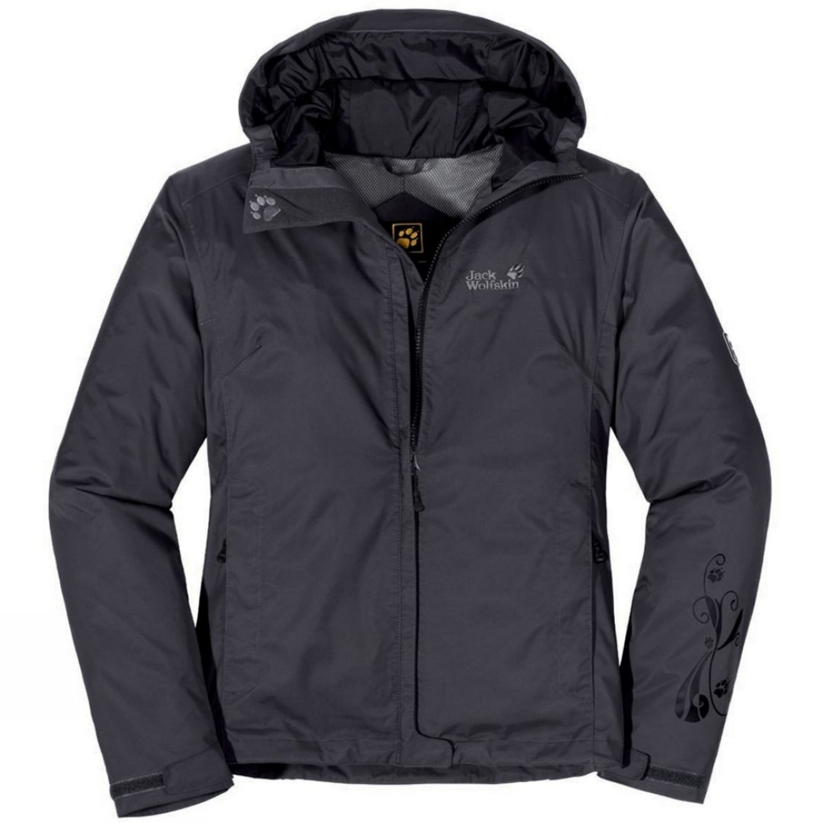 Jack Wolfskin Women's Mapiya Texapore Rain Jackets in Phantom Black with Embroidered Paw Logo and Jack Wolfskin Logo as well as floral designs on left sleeve.  Adjustable Hook and Loop Closures can be seen on the wrists and mesh interior lining.  Adjustable waist and zipper storm flap. | ScoutTech Outfitters