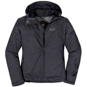 Jack Wolfskin Women's Mapiya Texapore Rain Jackets in Phantom Black with Embroidered Paw Logo and Jack Wolfskin Logo as well as floral designs on left sleeve.  Adjustable Hook and Loop Closures can be seen on the wrists and mesh interior lining.  Adjustable waist and zipper storm flap. | ScoutTech Outfitters